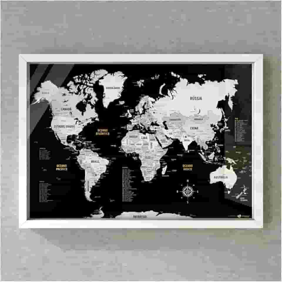 Quadro Box (c/Vidro) - Mapa-Múndi Preto e Branco (Black) + 100 Pins Alfinetes (45x32 / 63x45cm)
