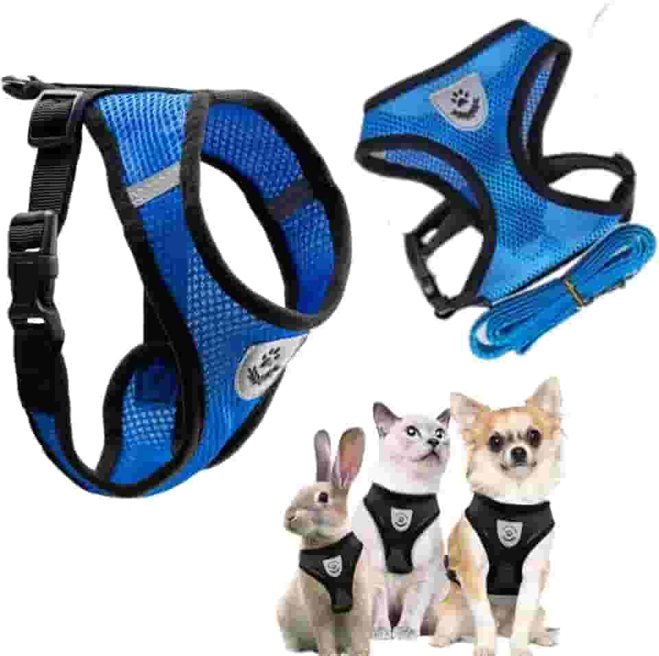 Coleira peitoral para cachorro e gatos colete refletivo com guia pets pequenos coelhos (Peitoral Azul - P)