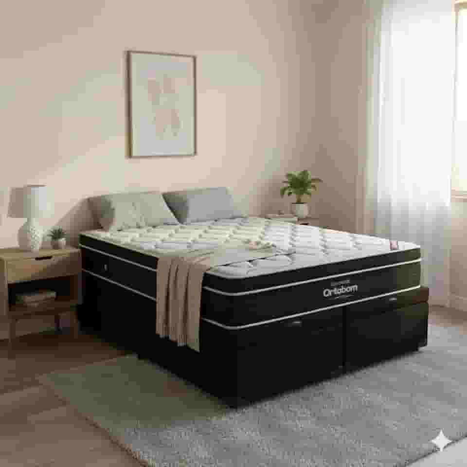 Cama Box Baú King Size Bipartido Corino + Colchão de Molas Ensacadas Elegant - 1.92x2.03 (Preto)