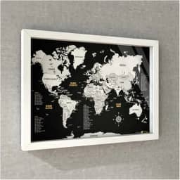 Quadro Box (c/Vidro) - Mapa-Múndi Preto e Branco (Black) + 100 Pins Alfinetes (45x32 / 63x45cm)