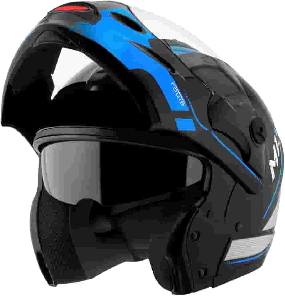 Capacete de Moto Mixs MX Captiva Route Brilhante Com Viseira Interna Solar Óculos de Sol Articulado Escamoteável Robocop Cinza Com Azul