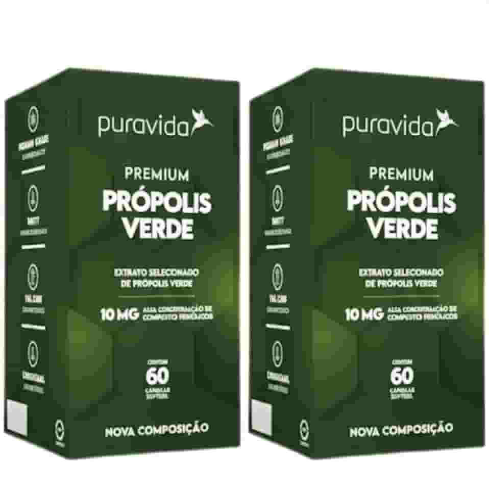 Kit 2 Unidades Própolis Verde Premium Puravida | 60 Cápsulas Softgel por pote | 10mg Compostos Fenólicos | Extrato Concentrado Alecrim do Campo | 4x Mais Polifenóis | Suplemento Natural Brasil | Pack Economia 60 Dias