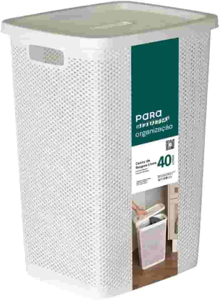Cesto de Roupa Suja com Tampa 40 Litros Linea Grande Organizador de Lavanderia Quarto Brinquedos com Alças Laterais (Branco)