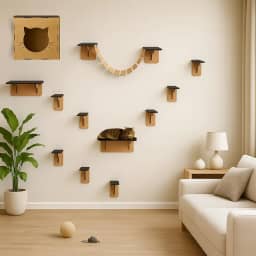 BOXFAN Playground para Gatos 12 Peças Parquinho para Gato Ponte Nichos e Prateleiras Escada Toca Casinha Diversão Felina Antiestresse Mdf Circuito Suspenso de Parede