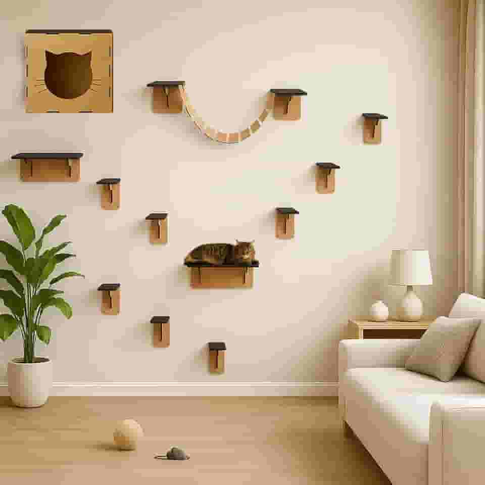 BOXFAN Playground para Gatos 12 Peças Parquinho para Gato Ponte Nichos e Prateleiras Escada Toca Casinha Diversão Felina Antiestresse Mdf Circuito Suspenso de Parede