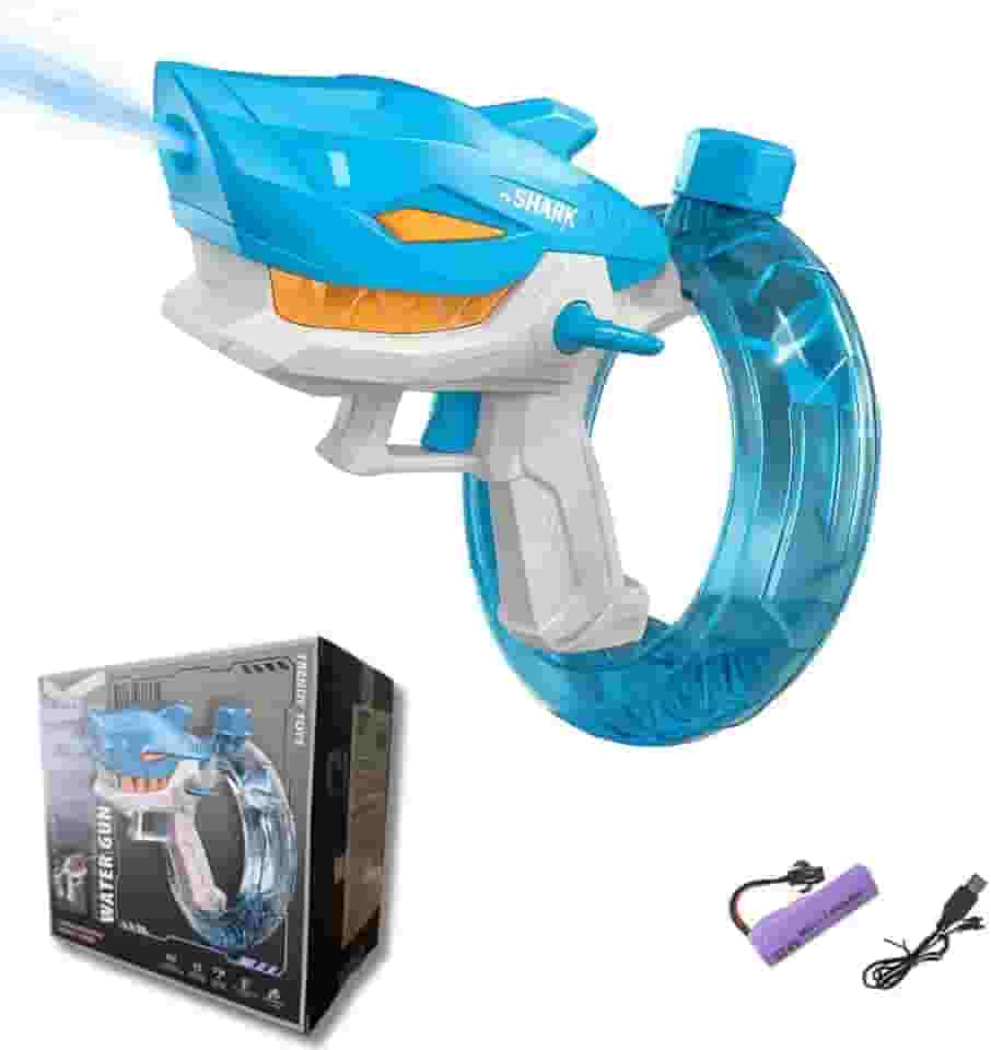 Pistola Disparo de Agua Tubarão de Brinquedo Eletrônica, Longo Alcance com LED e Bateria Recarregável, Brinquedo Infantil para Crianças (Azul)