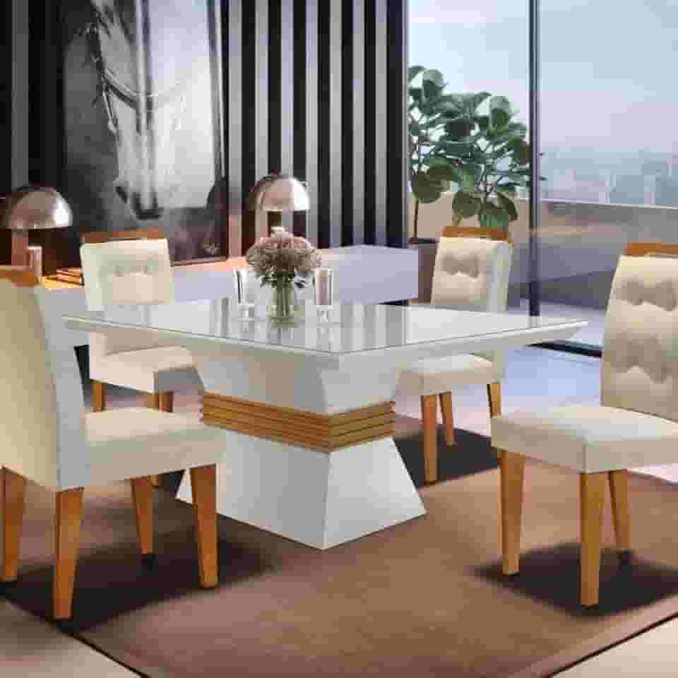 Conjunto Sala de Jantar Mesa Clarice 120x80cm Tampo Vidro/MDF Canto Reto com 4 Cadeiras Valentina Rufato Off White/Imbuia