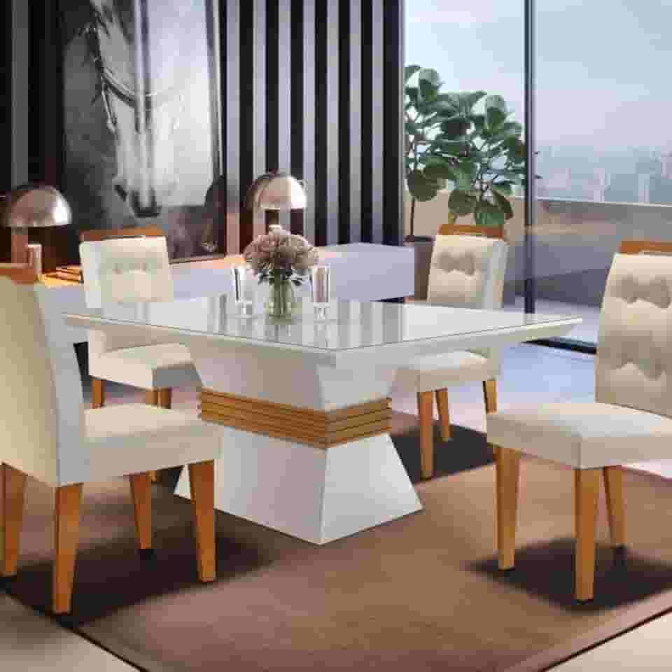 Conjunto Sala de Jantar Mesa Clarice 120x80cm Tampo Vidro/MDF Canto Reto com 4 Cadeiras Valentina Rufato Off White/Imbuia