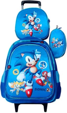 Kit Mochila do Sonic em 3D com Rodinhas Escolar Infantil + Lancheira Térmica + Estojo em Alto Relvo Escolar