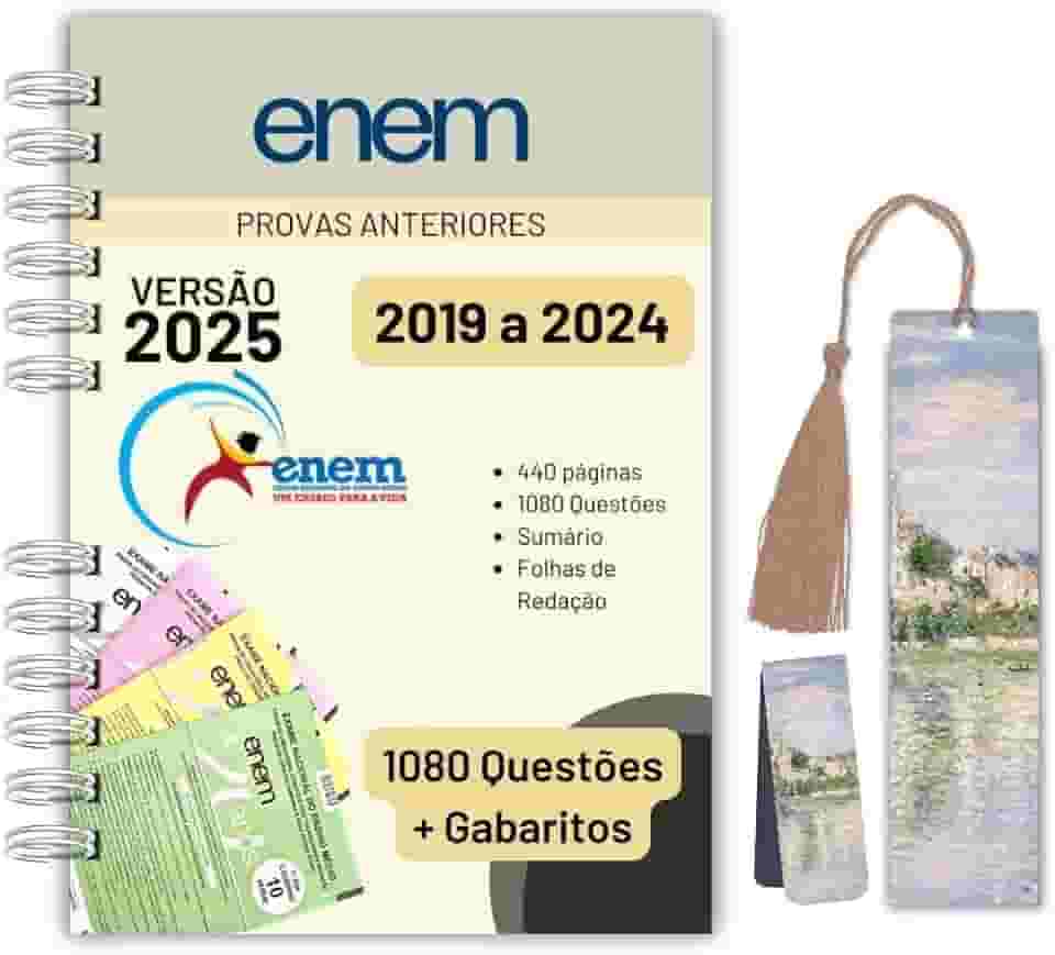 Apostila ENEM 2025 Completa | Provas Anteriores 2019-2024 Questões com Gabarito Oficial + Folhas de Redação | Estudo, Revisão e Simulados Atualizados + Marcadores de página/livros