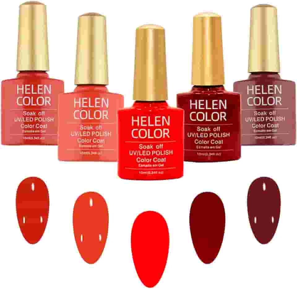 Kit de Esmaltes em Gel UV/LED, 5 Tons de Vermelho, Coleção Soak Off, 10ml Cada Frasco Helen Color 50ml no total