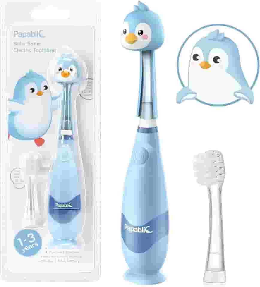 Papablic Escova de dentes elétrica infantil sônica infantil para crianças de 1 a 3 anos, escova de dentes elétrica para bebês com capa fofa de pinguim e temporizador de LED inteligente, 2 cabeças de