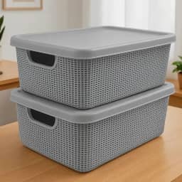 Kit 2 Caixas Organizadoras Plásticas Com Tampa 15L Empilháveis Alça Lateral Multiuso Para Roupas Brinquedos Ferramentas (Cinza)