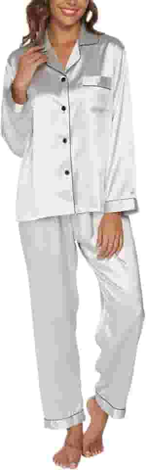 Conjunto de pijama feminino de seda de manga comprida conjuntos de pijama de cetim com botões para dormir roupa de dormir P ~ GG