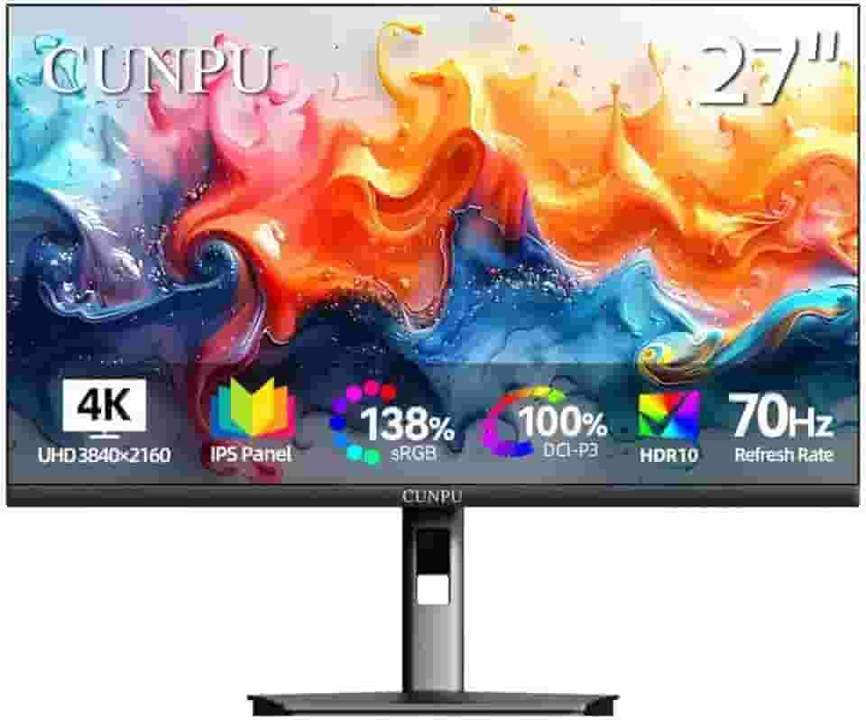 CUNPU Monitor 4K De 27 Polegadas, Uhd (3840 * 2160) Ips Com Moldura Ultrafina Para Edição De Fotos E Vídeos, Δe < 2, 100% Dci-P3, 1,07B+ Cores, Altura/Pivô/Inclinação/Giro, Alto-Falante Duplo Integ