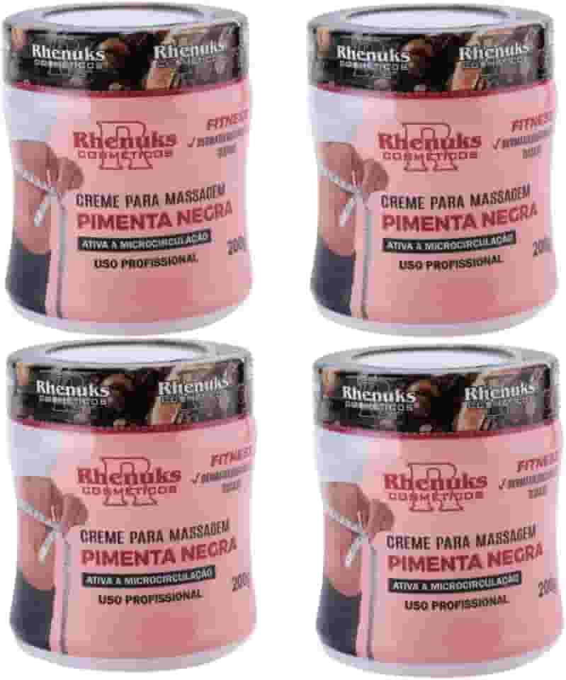 Kit Com 04 Creme Para Massagem Pimenta Negra 200g cada Rhenuks - Ajuda Eliminar Gordura Localizada, Estrias e Celulites