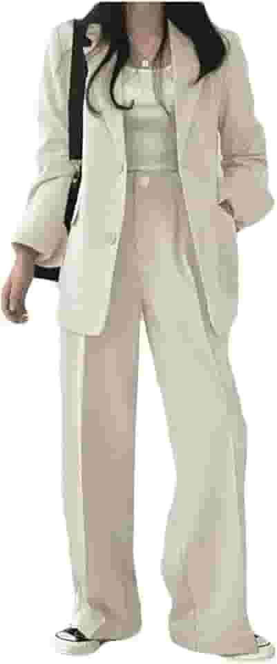 Terno liso feminino estilo coreano, manga comprida, gola virada, blazers, calça de perna larga emagrecedora, terno de duas peças