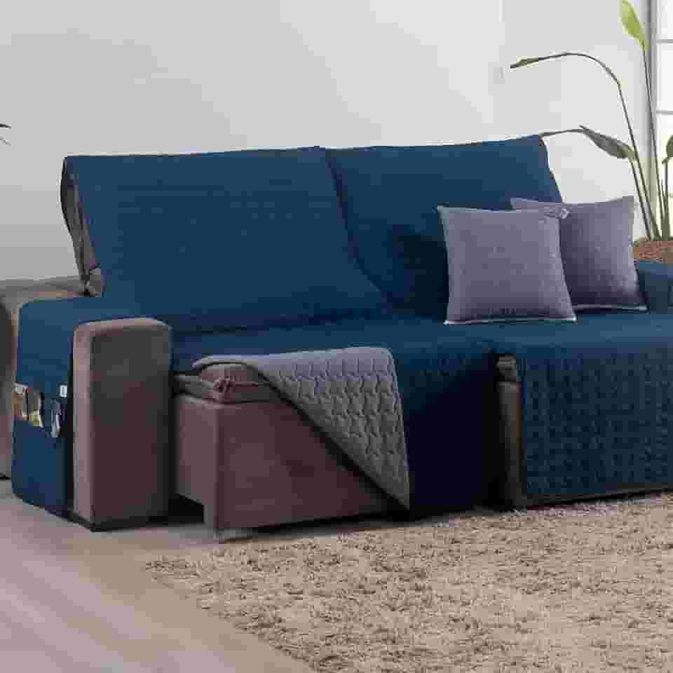 Capa para Sofá Retrátil 4 Lugares Tamanho King 2,40m 400 Fios + 2 Capa de Almofada | Protetor de Sofá Retrátil com Bolso (Marinho/Cinza)