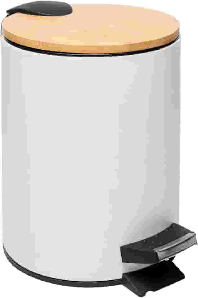 LYOR - Lixeira Redonda De Metal Com Pedal e Tampa Em Bambu Branca 3L
