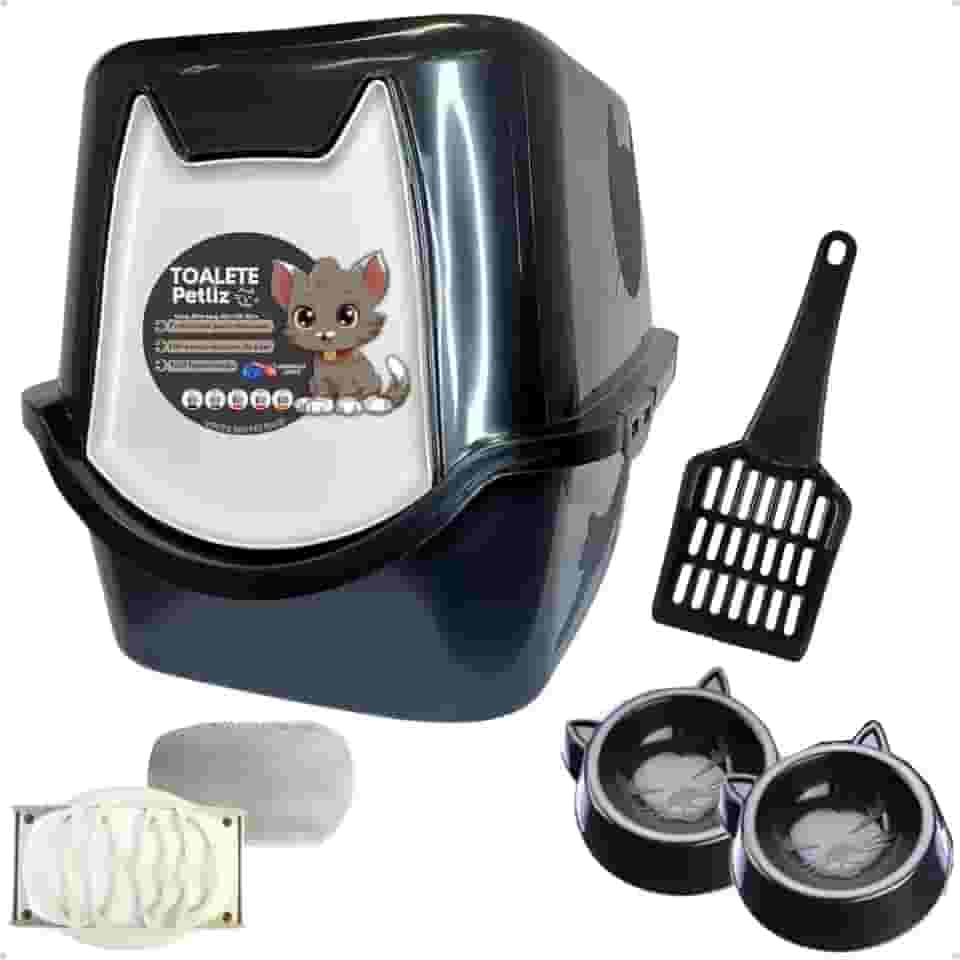Caixa de areia para Gatos Toalete Black Petliz Banheiro Bandeja Sanitário Higiênico Facil Limpeza com Comedouros e Pá