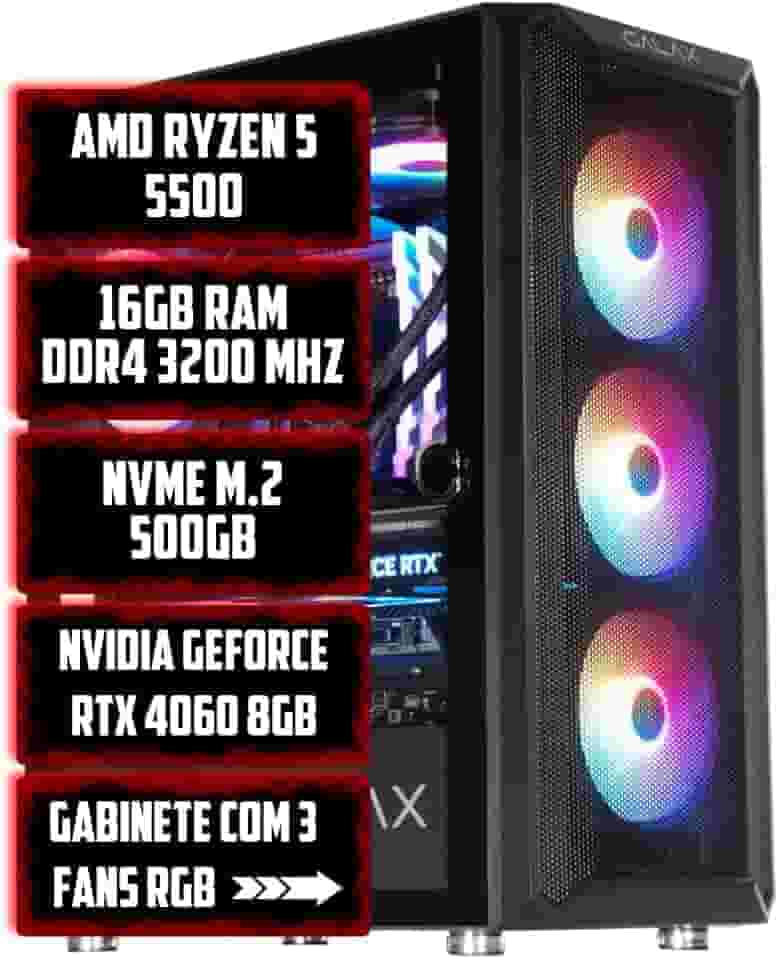 Computador Gamer AMD Ryzen 5 5500, 16GB RAM DDR4 3200 MHz, NVME M.2 500GB, NVIDIA RTX 5060 8GB, Gabinete com 3 Fans RGB