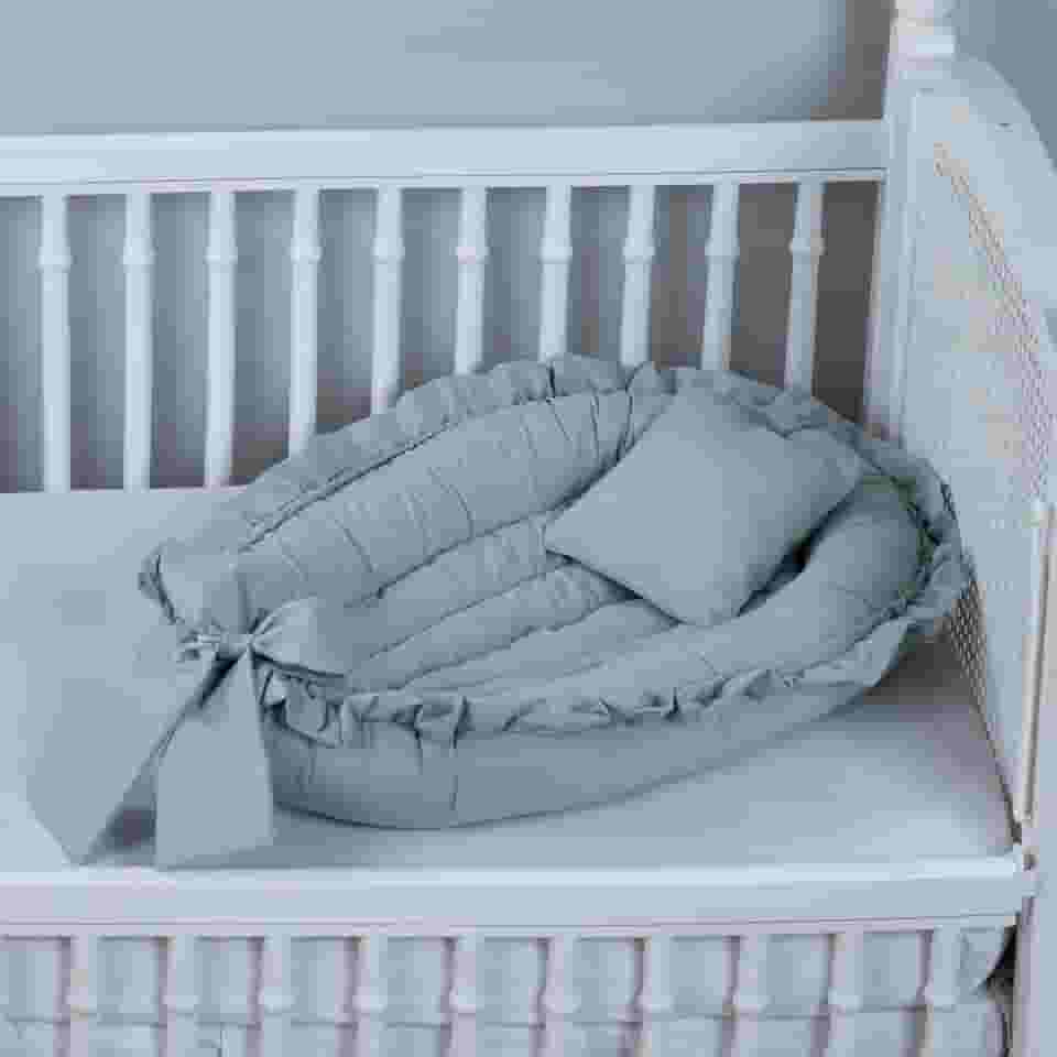 Ninho Redutor de Berço Babado Percal 200 Fios Algodão (Cinza, 1)