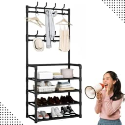 Sapateira Organizador com Cabideiro de Chão e 4 Prateleiras | Arara Multiuso Vertical para Roupas, Bolsas e Sapatos (Preto)