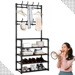 Sapateira Organizador com Cabideiro de Chão e 4 Prateleiras | Arara Multiuso Vertical para Roupas, Bolsas e Sapatos (Preto)