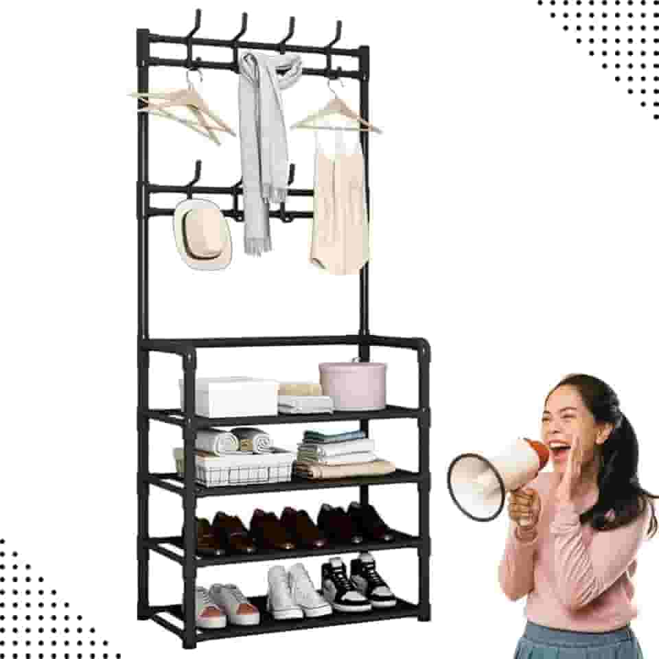 Sapateira Organizador com Cabideiro de Chão e 4 Prateleiras | Arara Multiuso Vertical para Roupas, Bolsas e Sapatos (Preto)