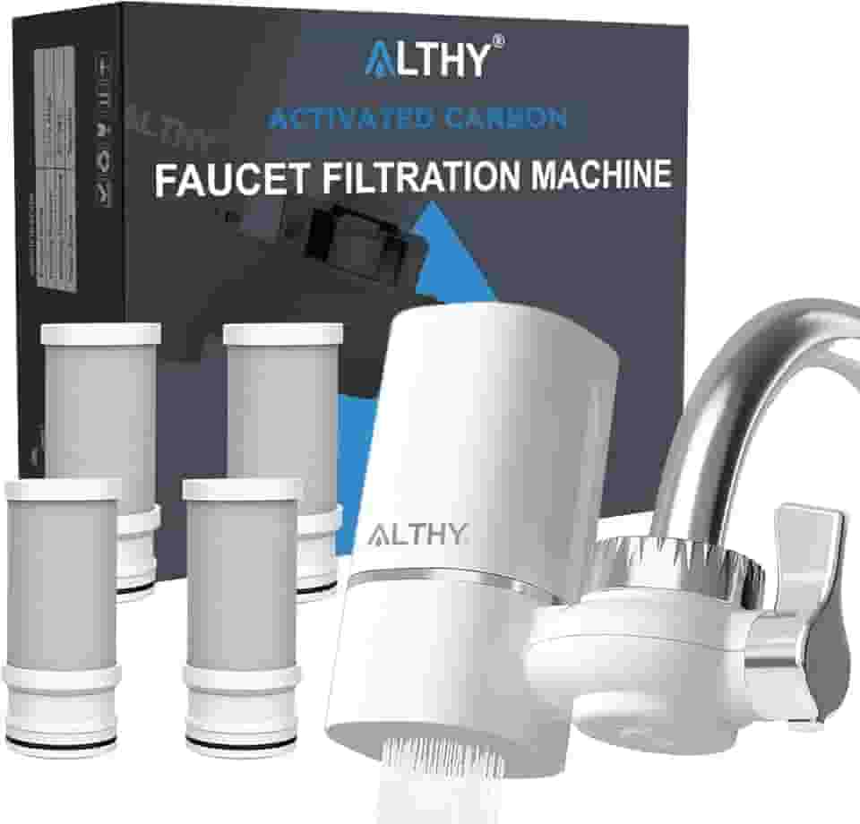ALTHY T1 Purificador de Água para Torneira, Filtro de Torneira Fibra de Carbono Ativado, sem BPA, Remove Cloro, Metais Pesados e Gosto ruim (4 Filtros Incluídos)
