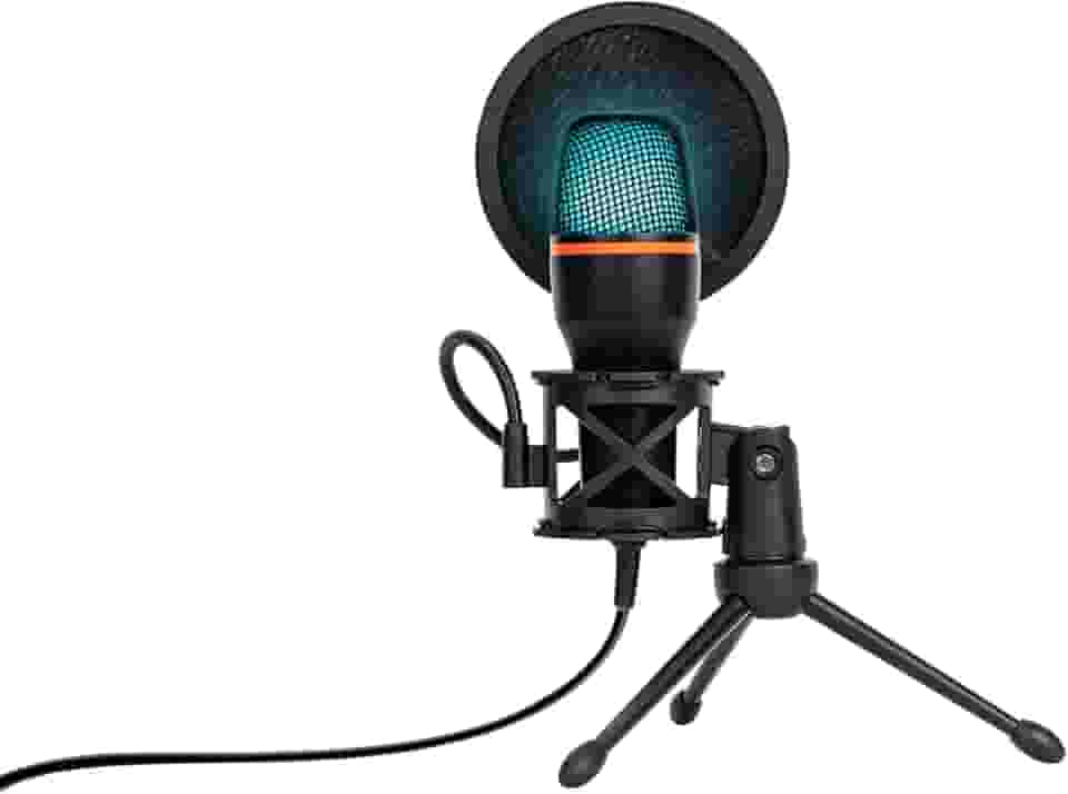 Microfone Condensador RGB, Microfone de Mesa, Microfone Gamer – Com Cancelamento de Ruído, Plug-and-Play, Controle de Volume e Eco, com Tripé, Shock Mount e Pop Filter – Ideal para Gravação, Podcast