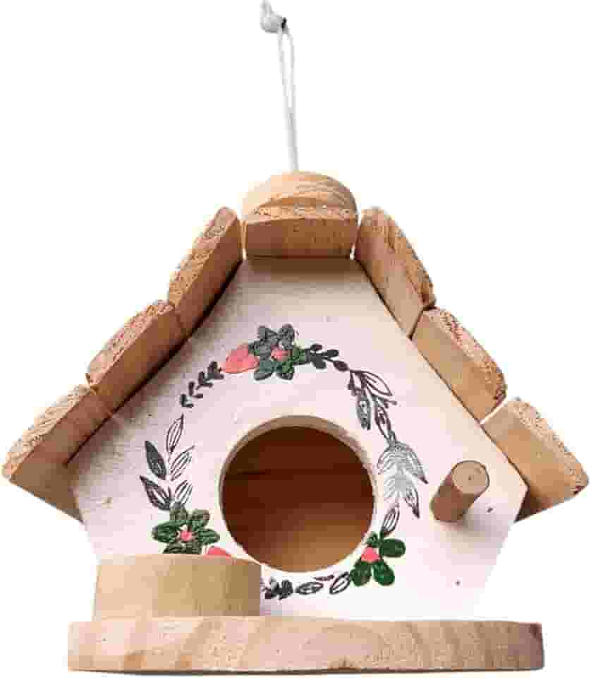 Casa de Pássaro Decorativa,com Flores, Madeira Artesanal, Comedouro para Jardim (Casinha Branca Fundo Cru, 16x16x19)