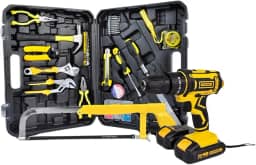 Kit Oficina Completo Parafusadeira e Furadeira 21V, Martelo, Serrote e Ferramentas Profissionais, maleta de acessorios completa