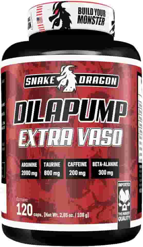 Vasodilatador Extra Vaso Dilapump Pote 120 Cápsulas Ultra Concentrado Auxilia no Funcionamento Muscular, Estado de Alerta e Concentração Beta Alanina Arginina Calcio Cafeina - Snake Dragon