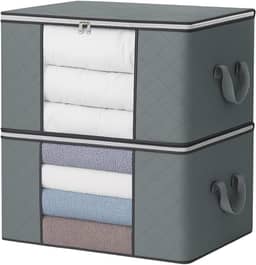 Kit com 2 Caixas Organizadoras Dobráveis de Tecido Premium 90L – Zíper Duplo Reforçado, Visor Transparente, Alças Laterais – Ideal para Edredons, Roupas, Brinquedos e Closet