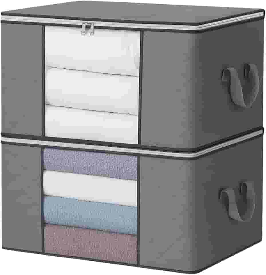 Kit com 2 Caixas Organizadoras Dobráveis de Tecido Premium 90L – Zíper Duplo Reforçado, Visor Transparente, Alças Laterais – Ideal para Edredons, Roupas, Brinquedos e Closet
