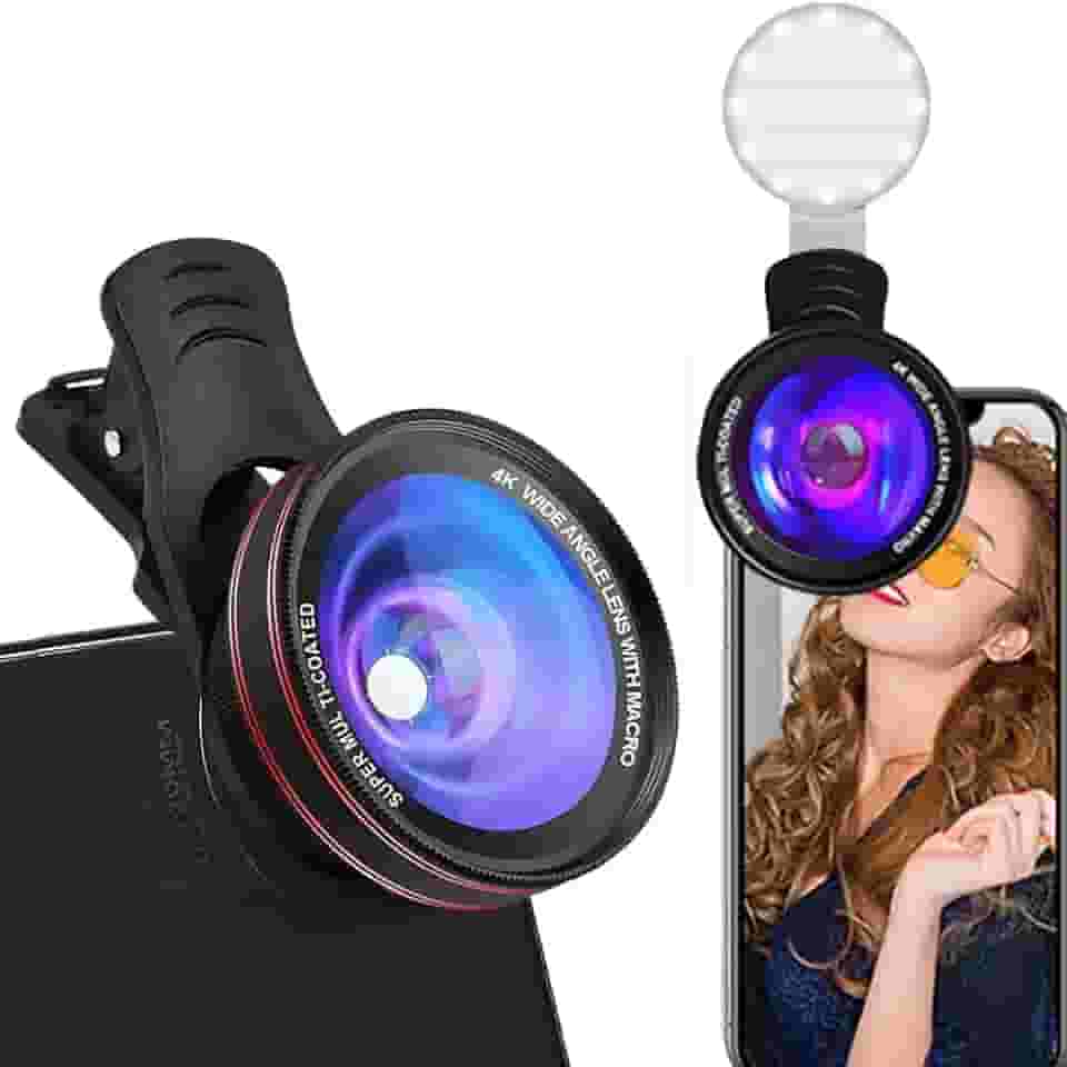 Lente grande angular 0,45X e macro 15X para iPhone com luz LED - Kit de lente de câmera de telefone duplo para fotografia/vlogging, compatível com iPhone 15 Pro Max/14/13/12, Samsung Galaxy