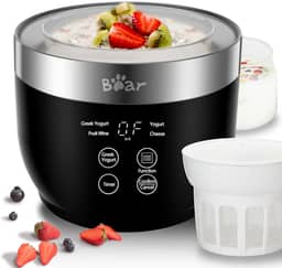 Fabricante de iogurte, máquina de fazer iogurte com pote interno de aço inoxidável, fabricante de iogurte grego com controle de temporizador, fabricante de iogurte congelado digital automático com 2 potes de vidro de 1 quarto e filtro para iogurte orgânico doméstico, preto