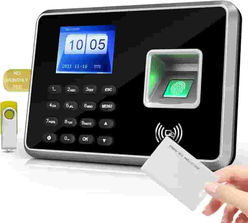 Relógio de ponto A2 para funcionários de pequenas empresas, relógio biométrico RFID e PIN, com 5 emblemas e unidade USB (0 taxas mensais)