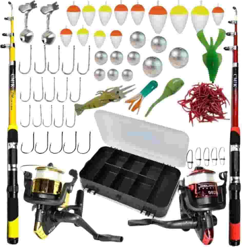 Kit de Pesca Completo, 2 Varas, 2 Molinetes com Linha, Estojo, Iscas Artificiais, Anzóis, Chumbadas e Boias