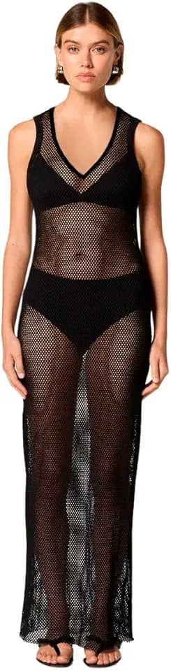 Vestido Saida de Praia Crochê Vazado Longo Transparente com Fenda Cores