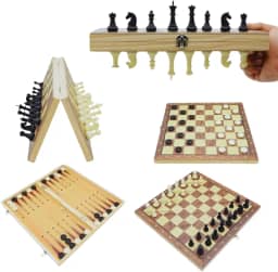 Jogo de Xadrez, Damas e Gamão 3 em 1 Tabuleiro Magnético Dobrável de Madeira 24cmx24cm com Peças Magnéticas em Resina | Portátil, Educativo e Divertido