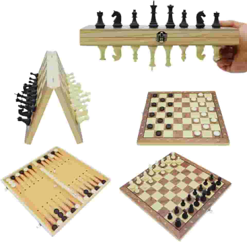 Jogo de Xadrez, Damas e Gamão 3 em 1 Tabuleiro Magnético Dobrável de Madeira 24cmx24cm com Peças Magnéticas em Resina | Portátil, Educativo e Divertido