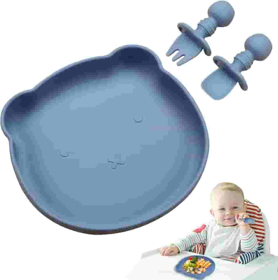 Conjunto 3 em 1 de Prato Antiderrapante para Bebê com Silicone Grau Alimentício - 1 Prato + 1 Colher + 1 Garfo Antitóxico e Higiênico (azul)