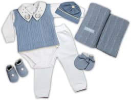 Kit Saida Maternidade Menino Completa Tricot 7 Peças Azul Celeste
