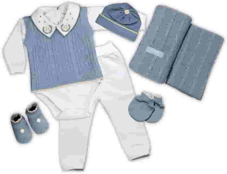 Kit Saida Maternidade Menino Completa Tricot 7 Peças Azul Celeste