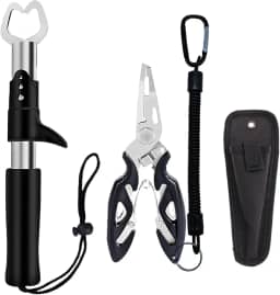 Beectfwerf Alicate de pesca, alicate de anel dividido, kit grande de ferramentas de pesca em água salgada com alça de borracha, linha de cordão, cortador e bainha de removedor de anzol