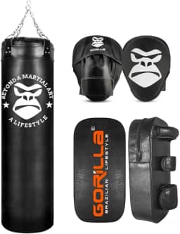 Kit Luta Completo Aparador Chute + Manopla Foco Soco + Saco Pancada Boxe Muay Thai 120 Cm Gorilla