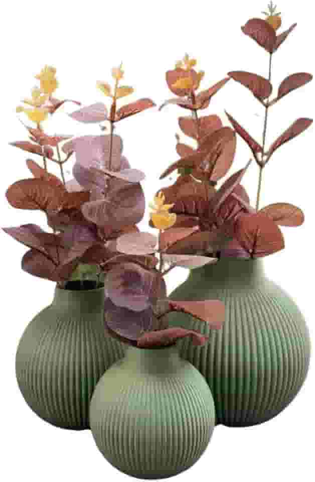 Trio De Vasos Decorativos Com Flores de eucalipto Artificial Toque Real (Vaso VERDE/Folha VERMELHA)
