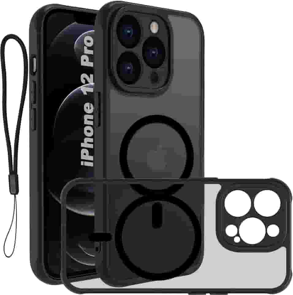USTIYA Magnética Capa para iPhone 12 Pro 6,1 polegadas Case Matte Acrílico Uso Resistente Protetora de Câmera Capinha Acessórios para Celular com Cordão Preto FGCX
